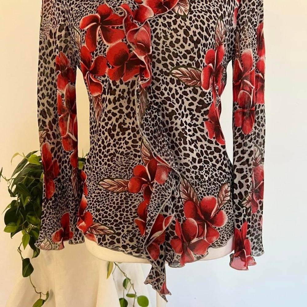 Y2K 100% Silk Sheer Bell Sleeve Ruffle Leopard Hibiscus Print Top - Picture 2 of 8